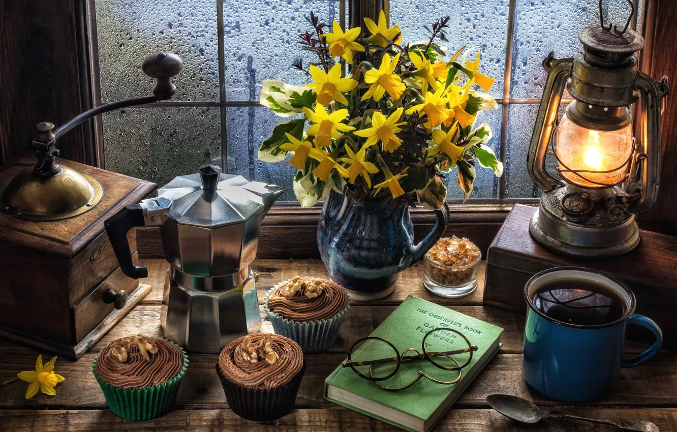 Photo wallpaper coffee, window, sugar, still life, cream, daffodils, coffee grinder, muffin