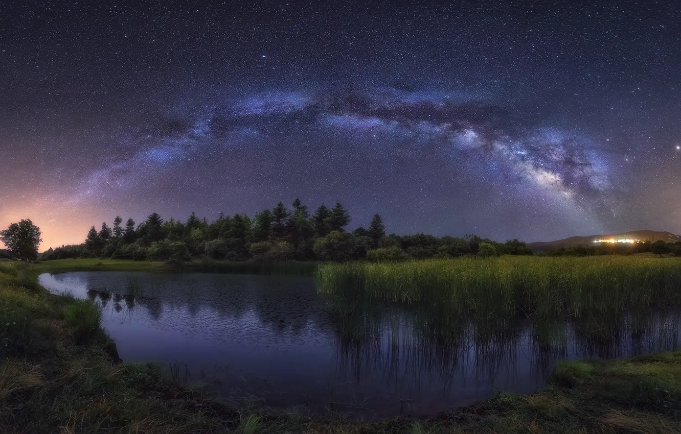Photo wallpaper the sky, stars, trees, night, lake, the milky way