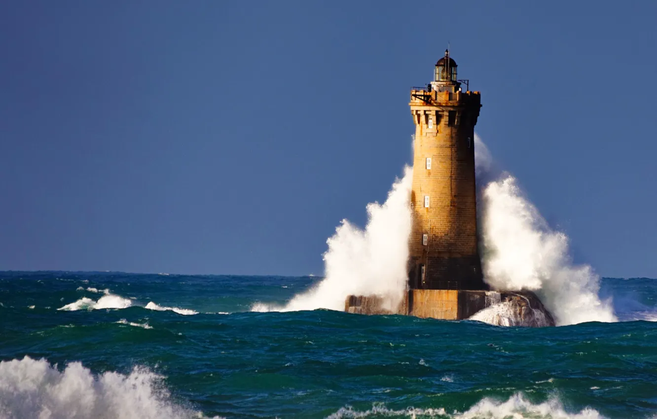 Photo wallpaper waves, clear sky, sea, landscape, nature, France, horizon, lighthouse