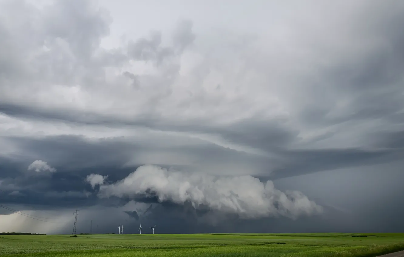 Photo wallpaper field, clouds, windmills, power lines