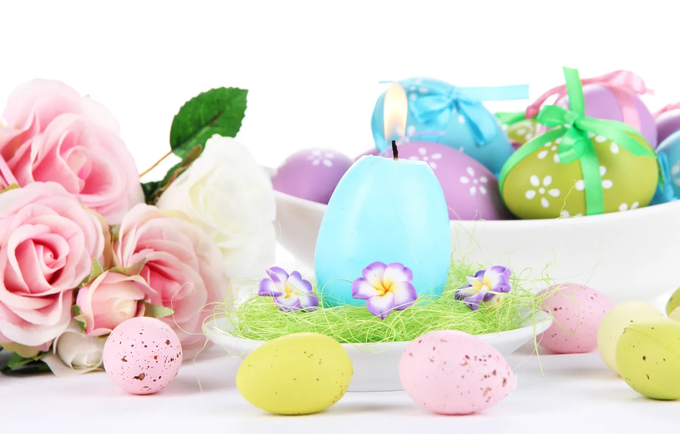 Photo wallpaper flowers, holiday, roses, candle, Easter, saucer, painted eggs