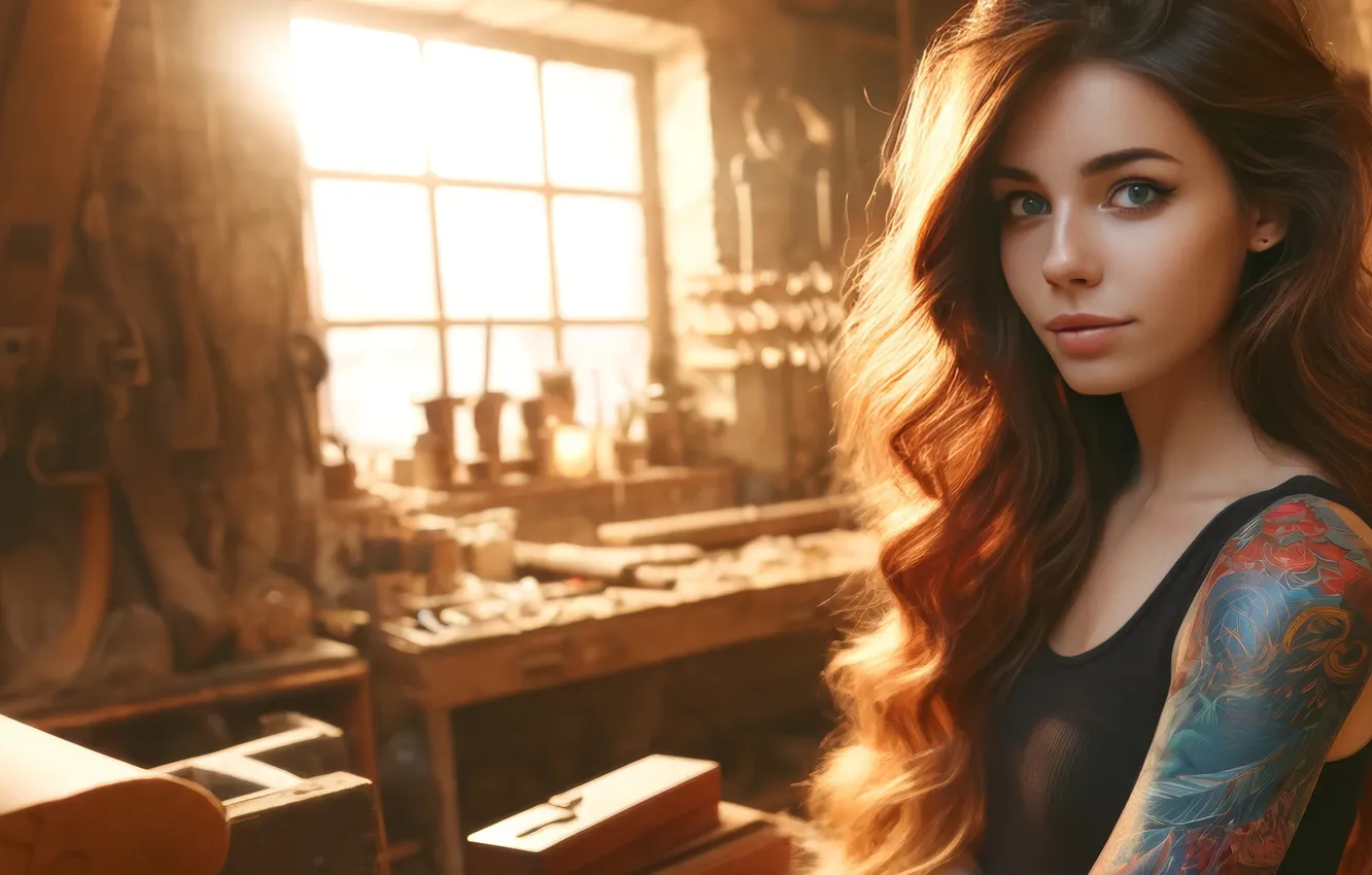 Photo wallpaper science fiction, spaceship, tattoo, smiling, Workshop, AI Art