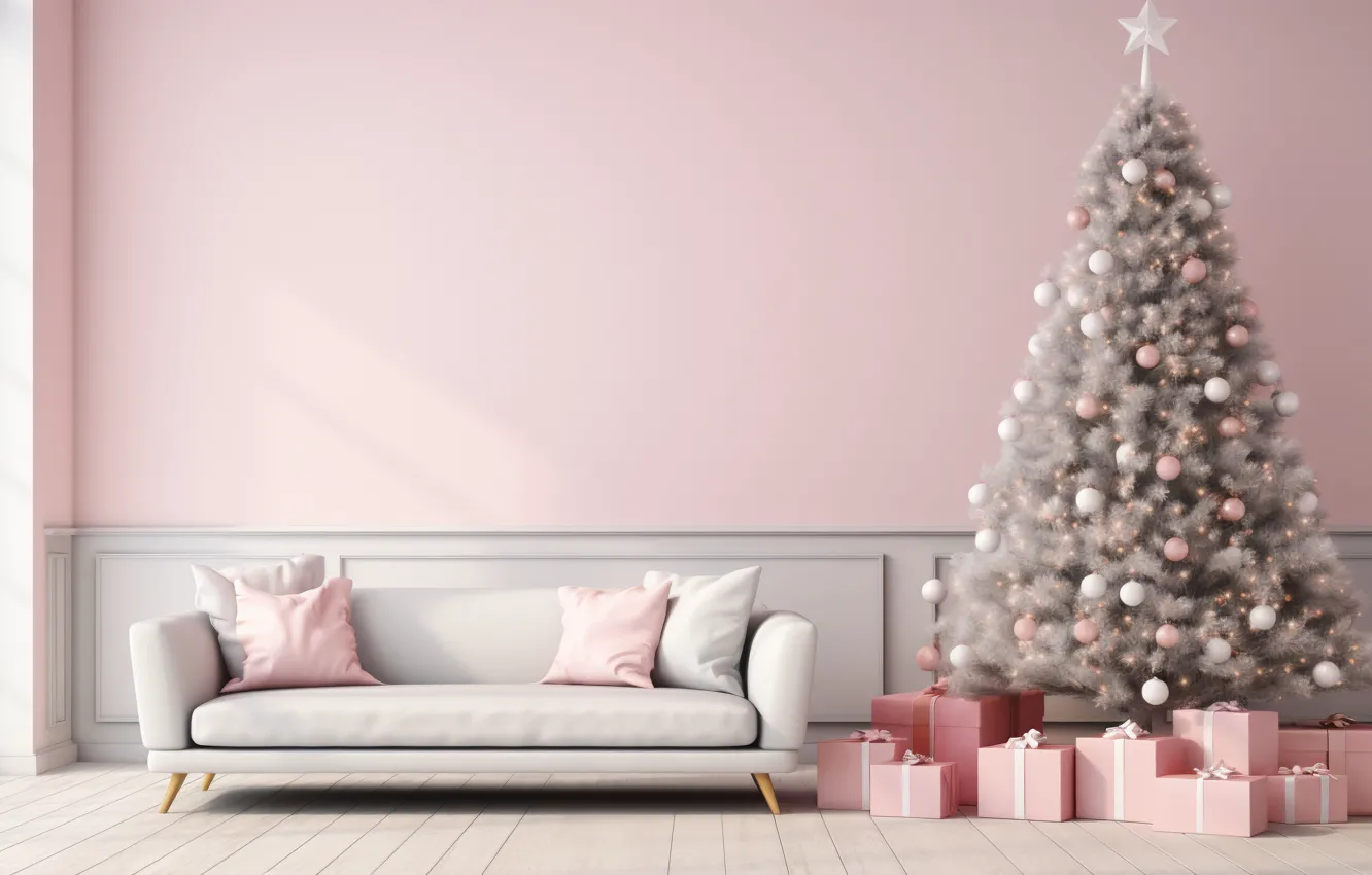 Photo wallpaper decoration, house, room, sofa, balls, tree, interior, New Year