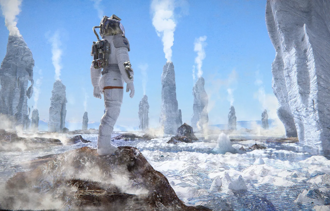 Photo wallpaper rocks, landscape, astronaut, Valley of Geysers, Europa (moon)