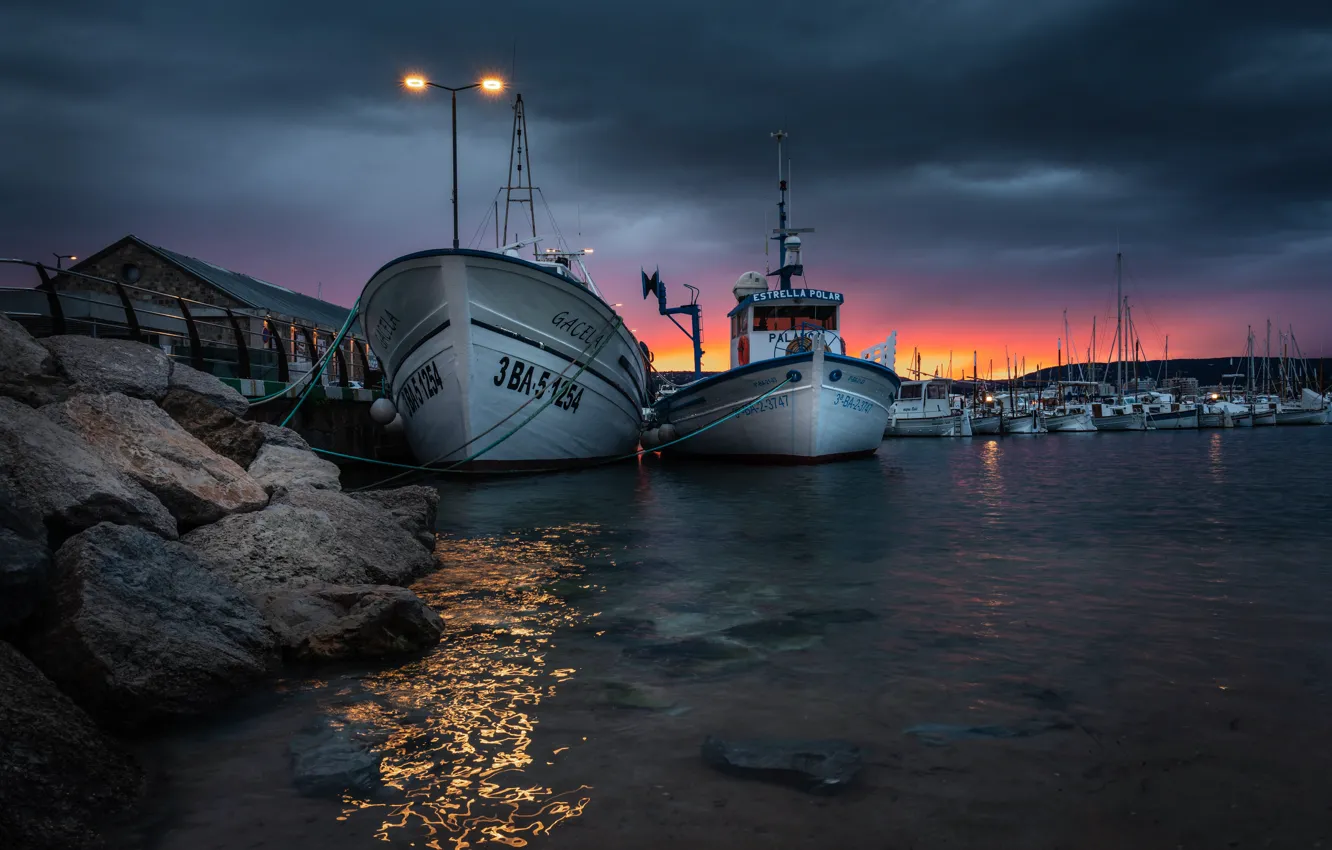 Photo wallpaper water, sunset, stones, boats, the evening, lights