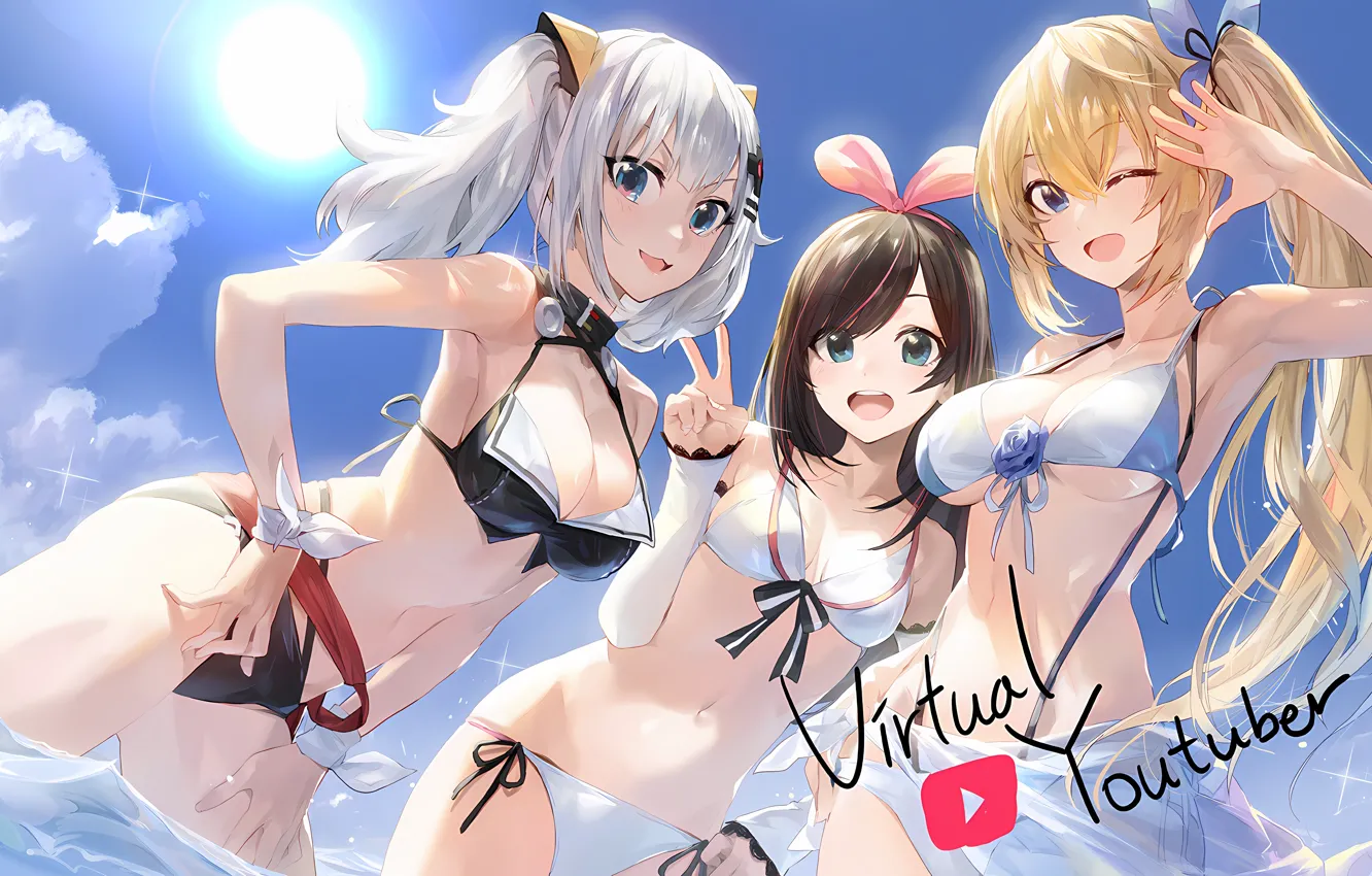 Photo wallpaper sexy, cleavage, beach, sky, long hair, sea, girls, brown hair