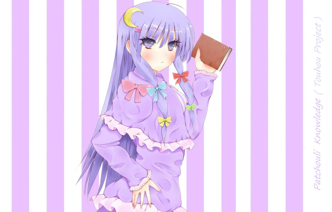 Photo wallpaper book, bow, touhou, blue hair, art, ruffles, patchouli knowledge, Touhou Project