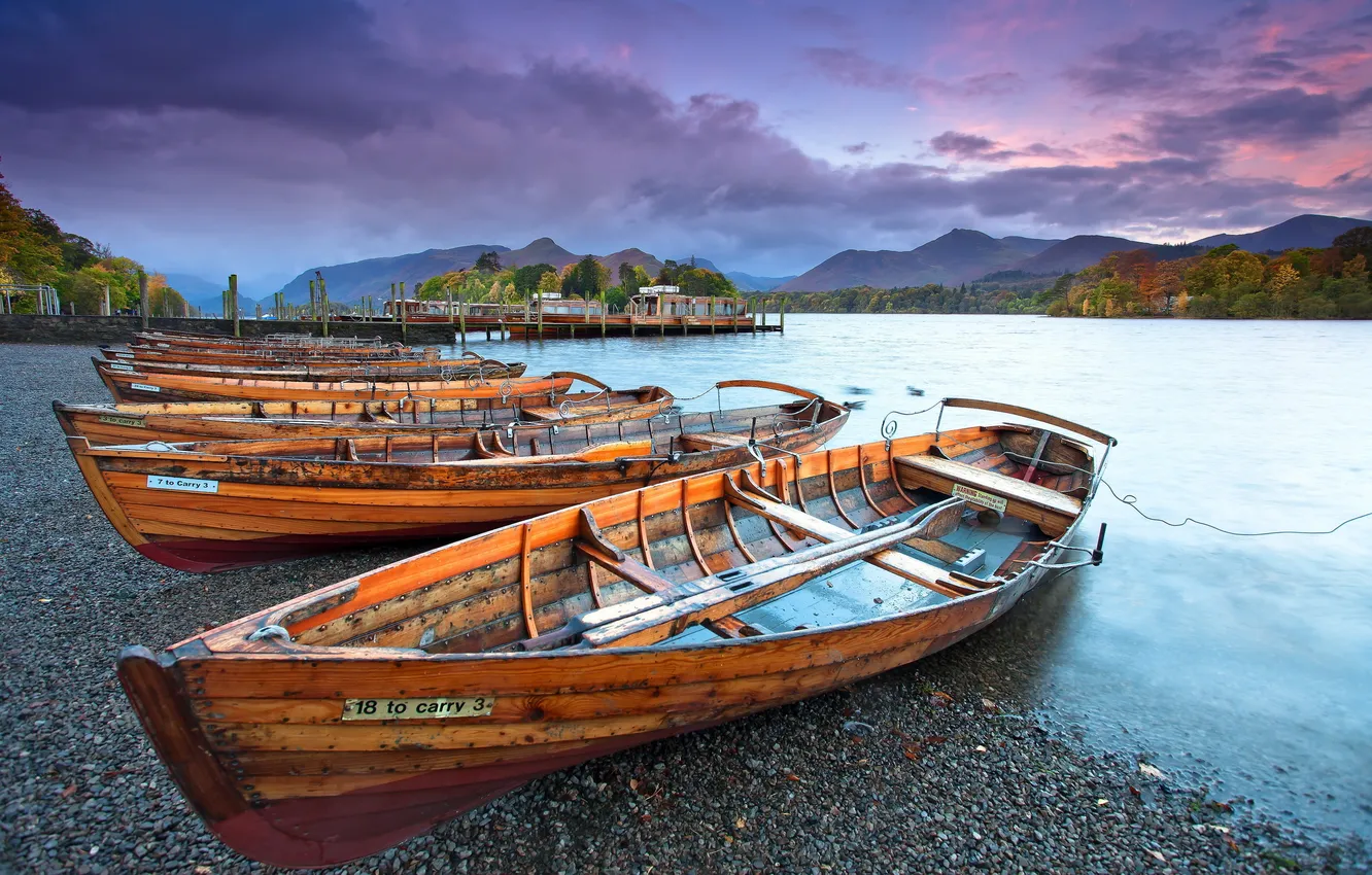 Photo wallpaper sunset, river, boat