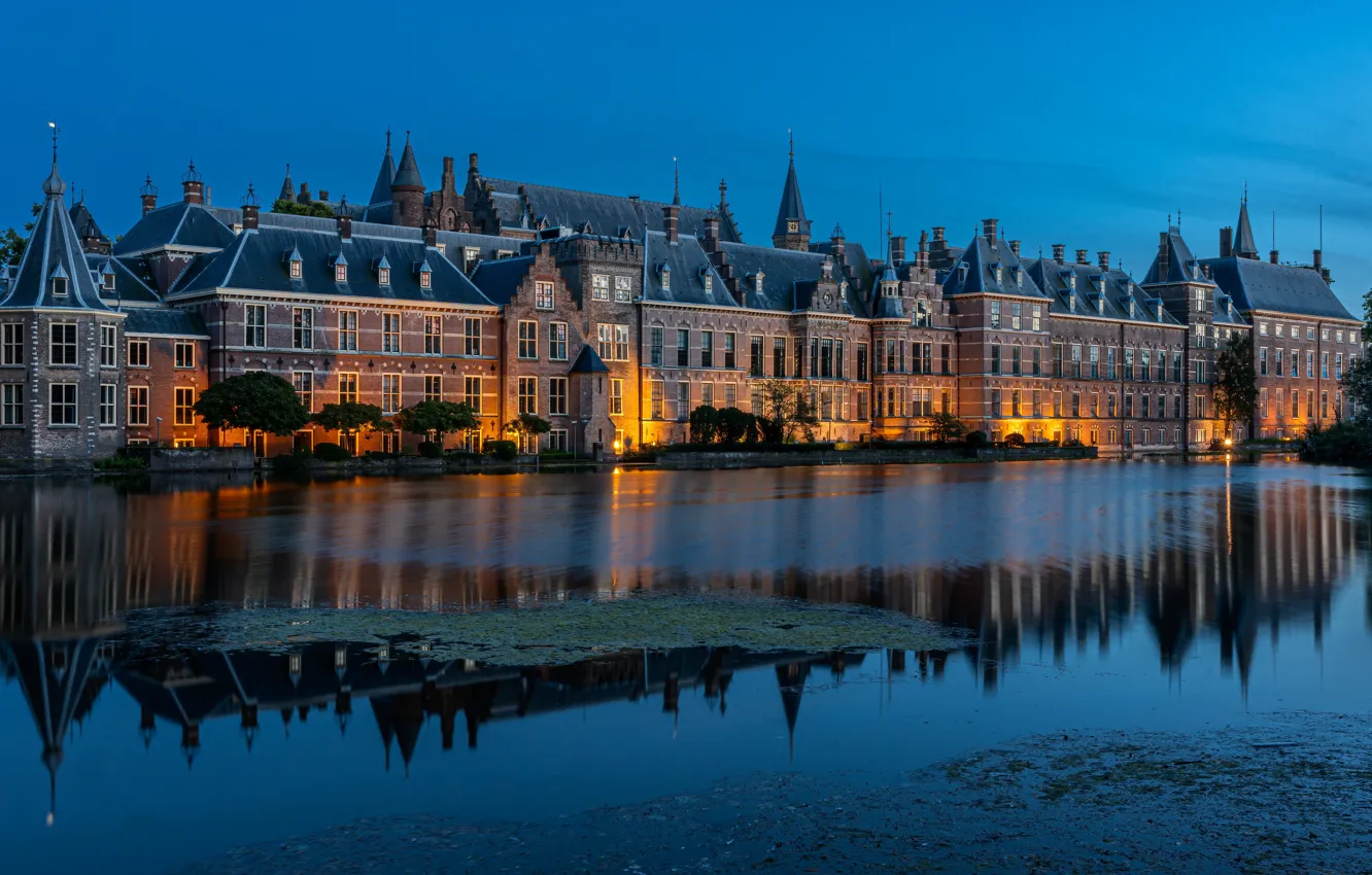 Photo wallpaper lake, pond, building, home, the evening, Netherlands, Netherlands, The Hague