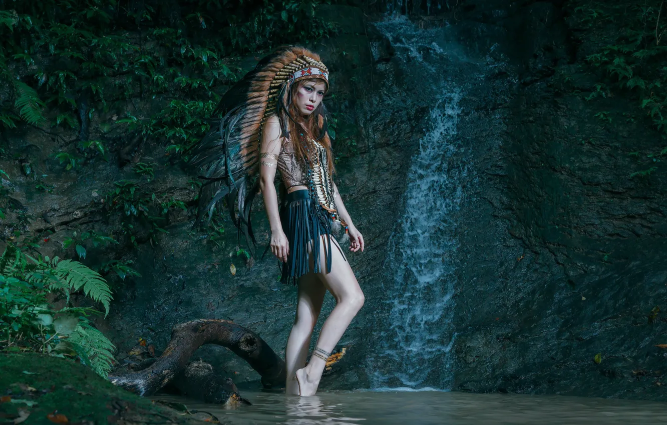 Photo wallpaper girl, nature, style, feathers, headdress