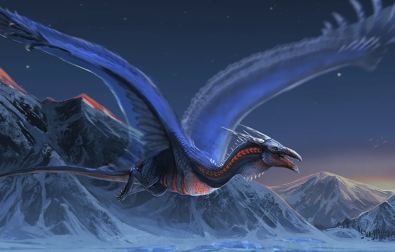 Photo wallpaper mountains, dragon, wings, flight