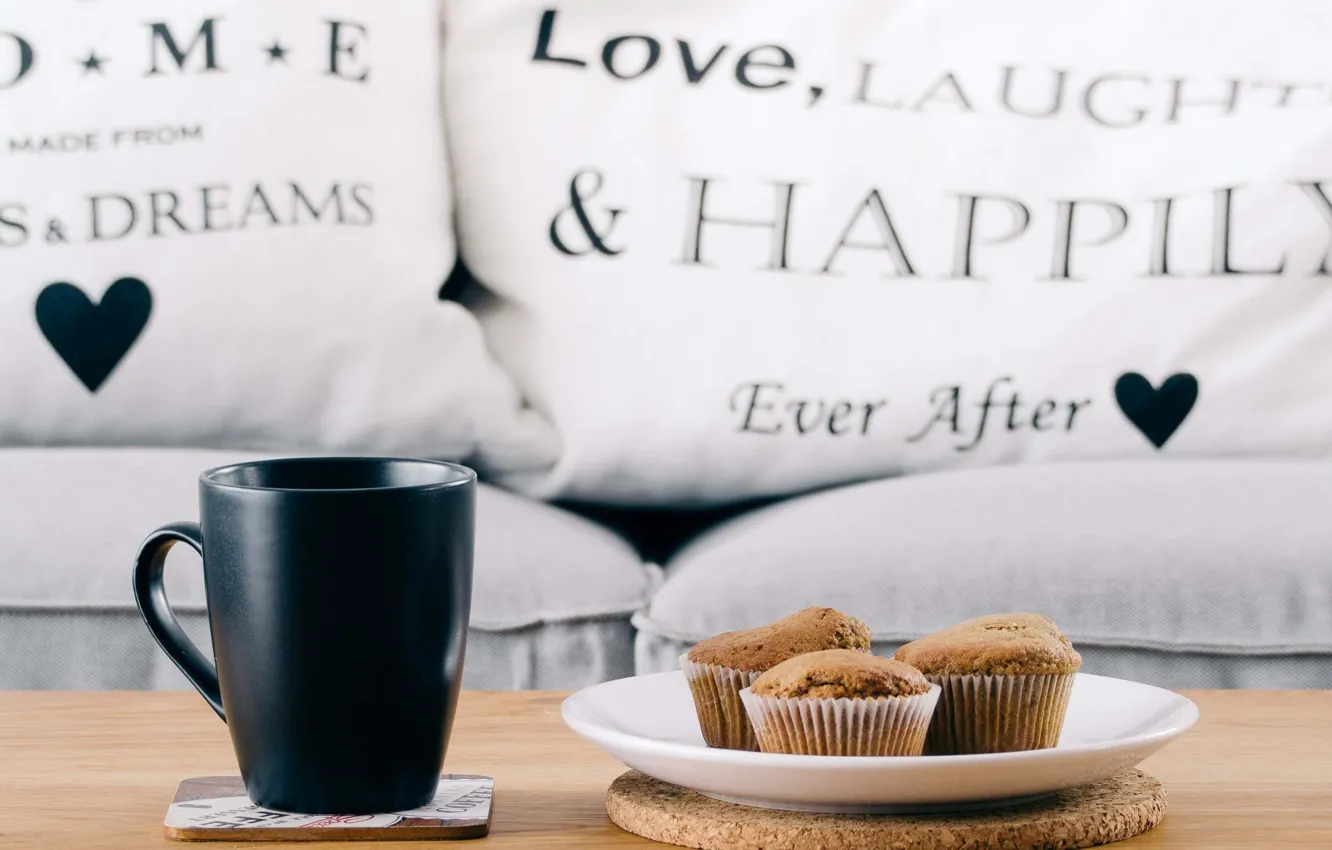 Photo wallpaper coffee, food, plate, cupcakes