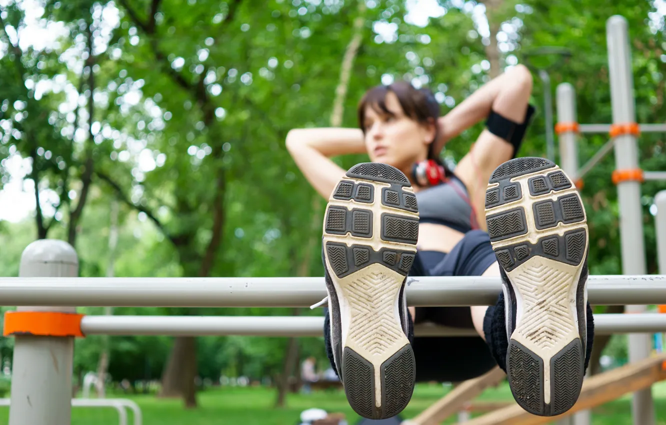 Photo wallpaper brunette, fitness, abs