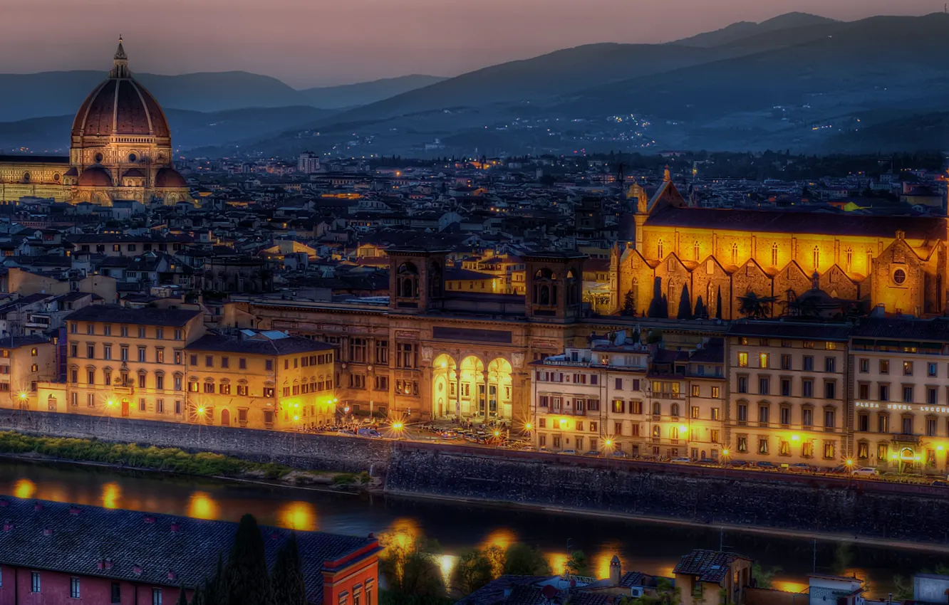 Photo wallpaper night, lights, Italy, Cathedral, Florence, Santa Maria del Fiore, Basilica, Santa Croce