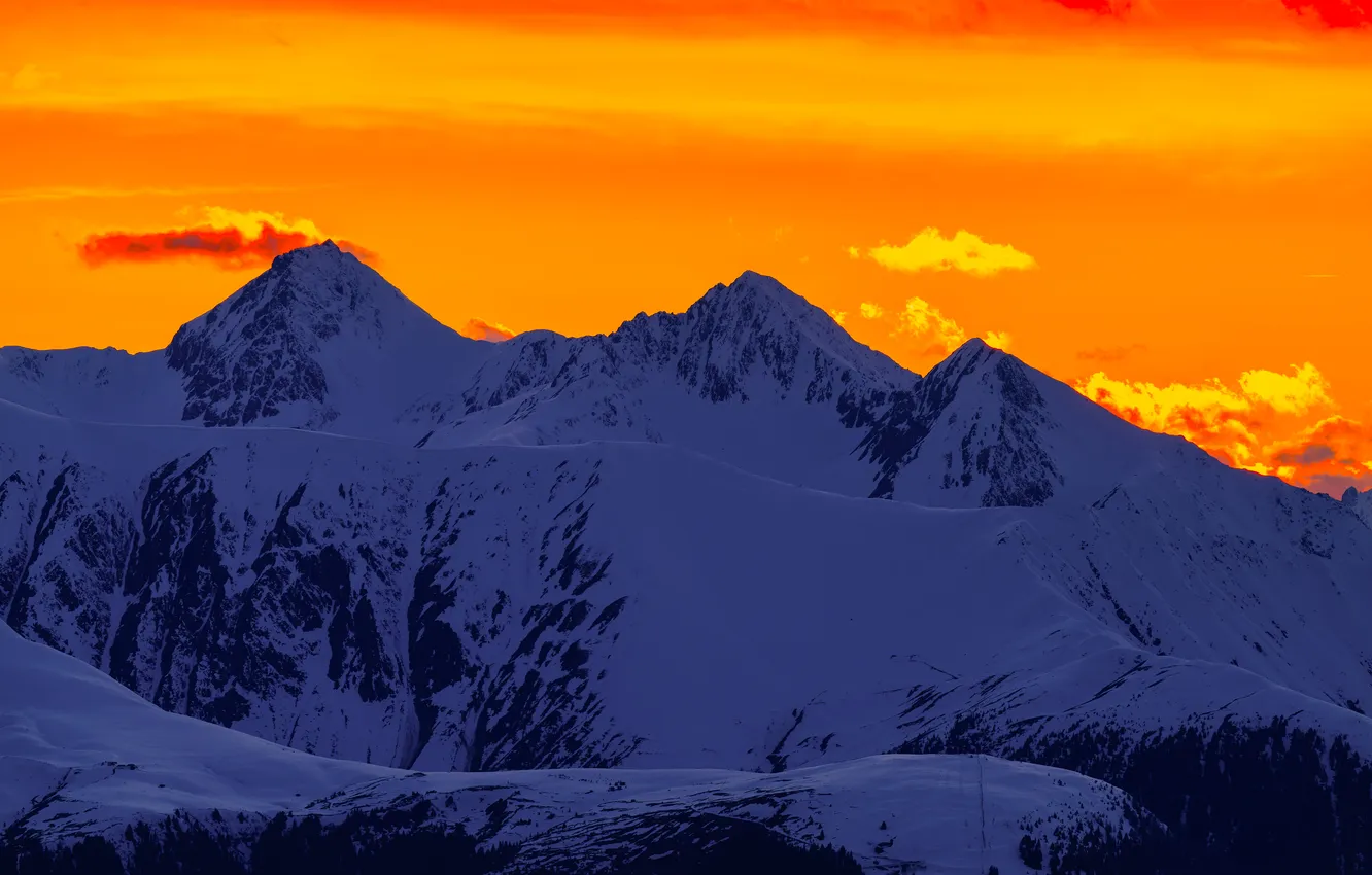 Photo wallpaper sunset, mountains, snowy peaks
