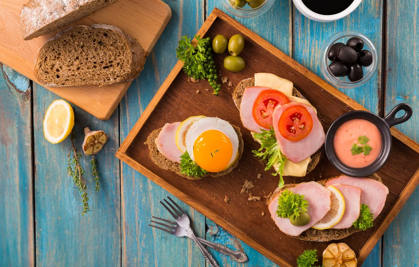 Photo wallpaper lemon, egg, bread, tomato, olives, sauce, ham