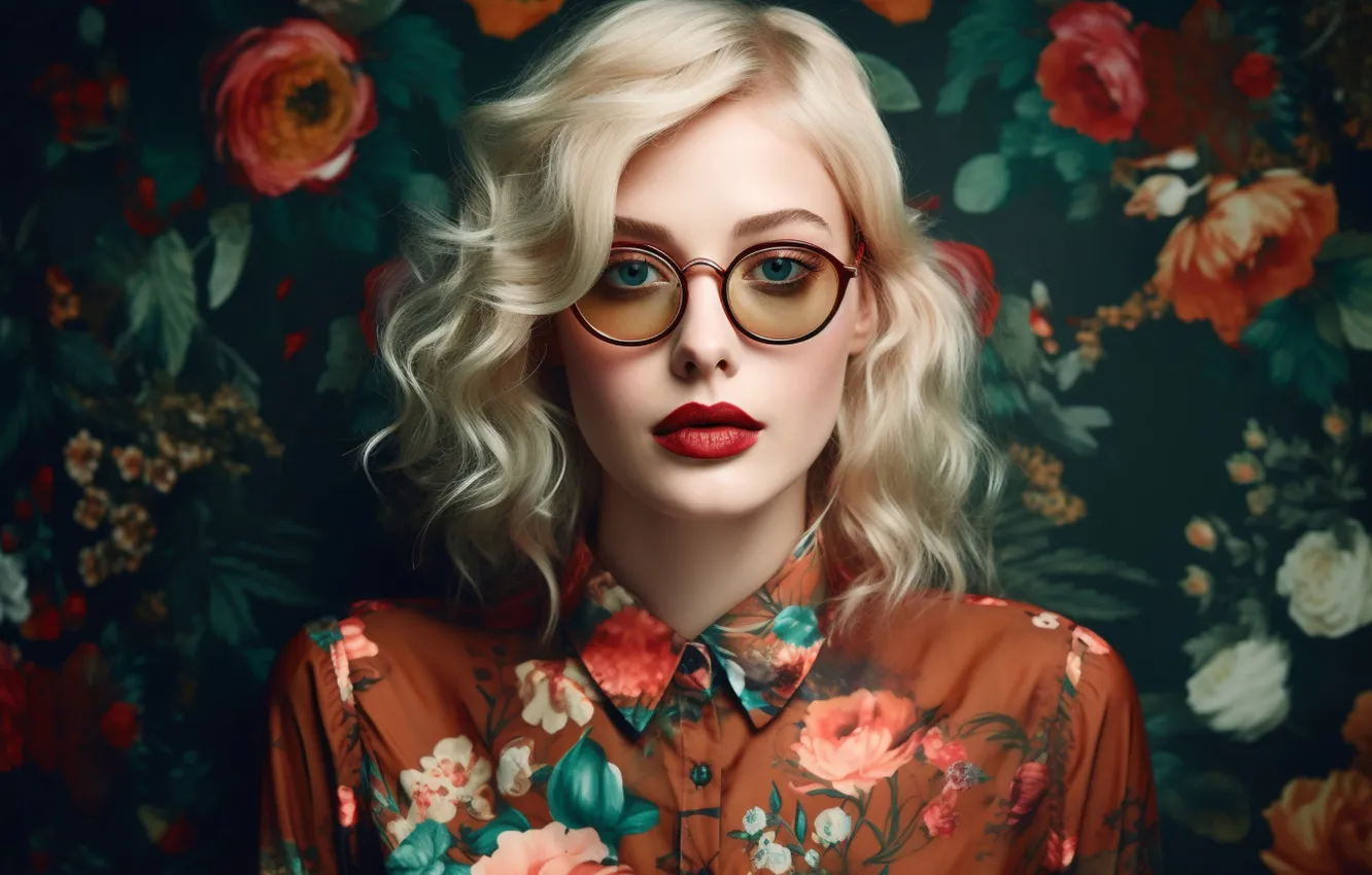 Photo wallpaper look, girl, flowers, face, portrait, glasses, blonde, blouse