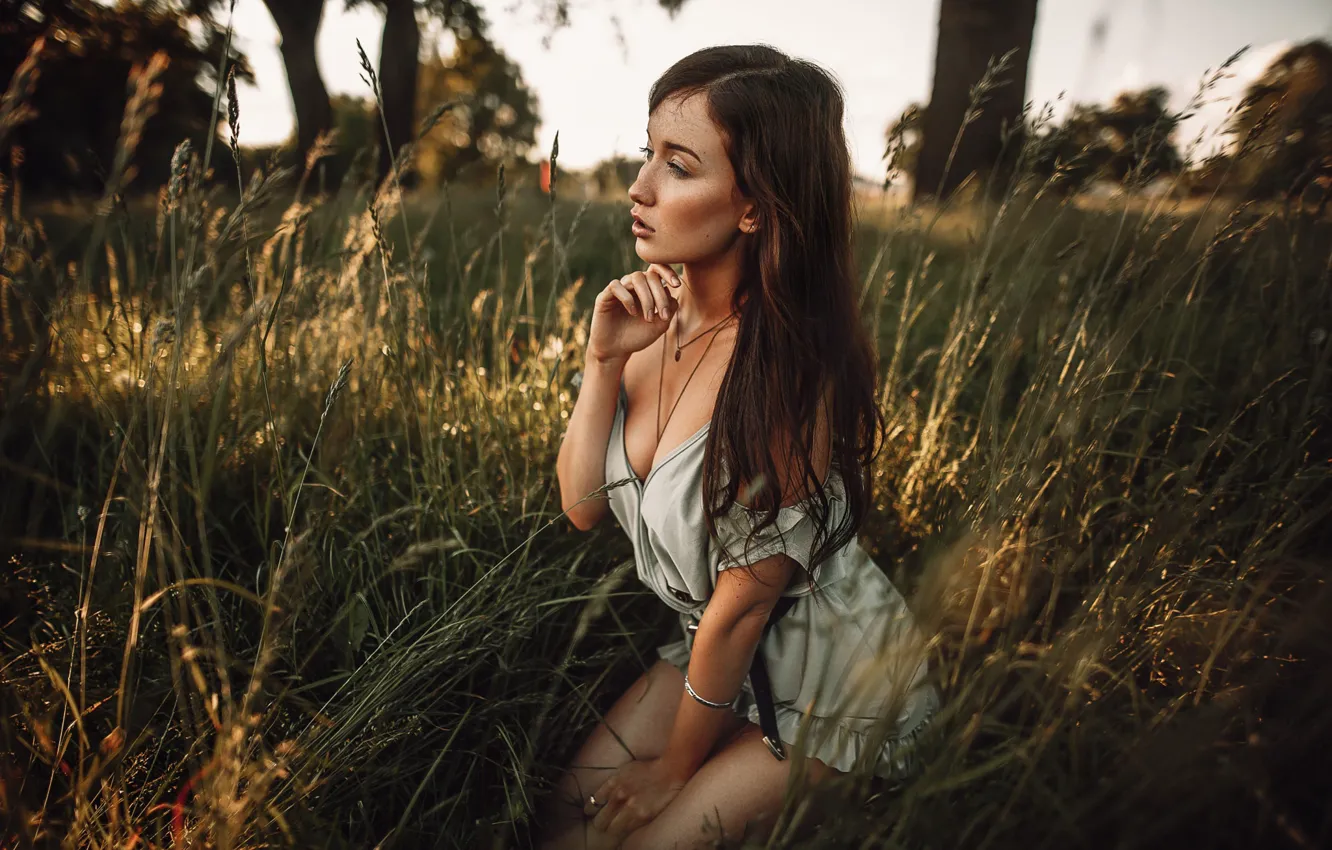 Photo wallpaper grass, trees, pose, model, portrait, makeup, figure, dress