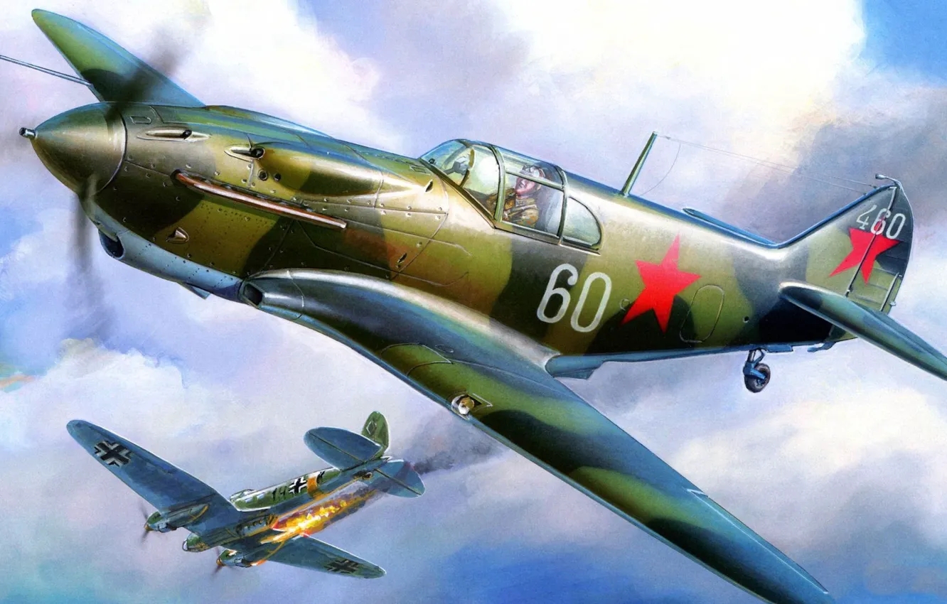 Photo wallpaper fire, war, fighter, bomber, Lavochkin-Gorbunov-Gudkov, LaGG-3, lined, He 111
