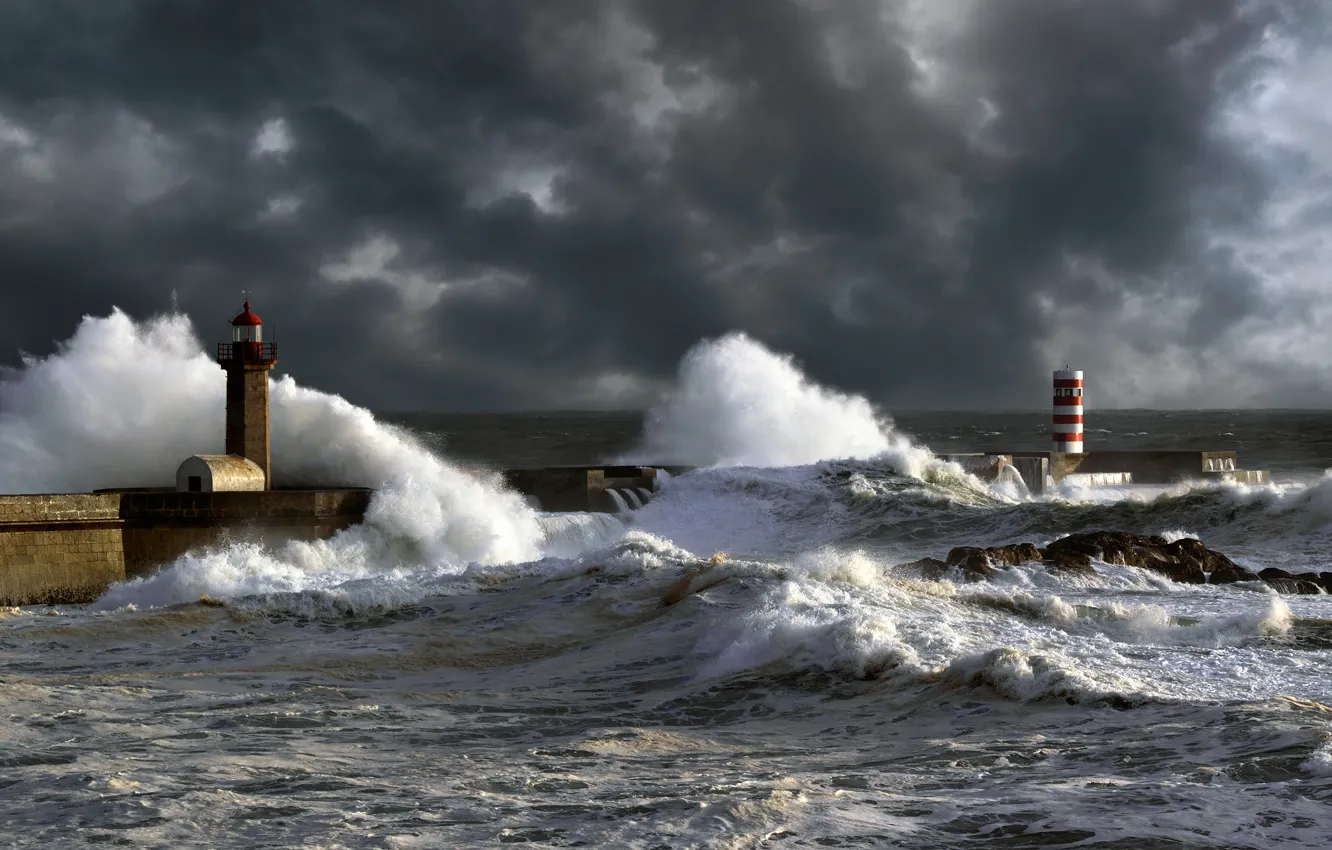 Photo wallpaper wave, the sky, clouds, storm, the ocean, element, lighthouse