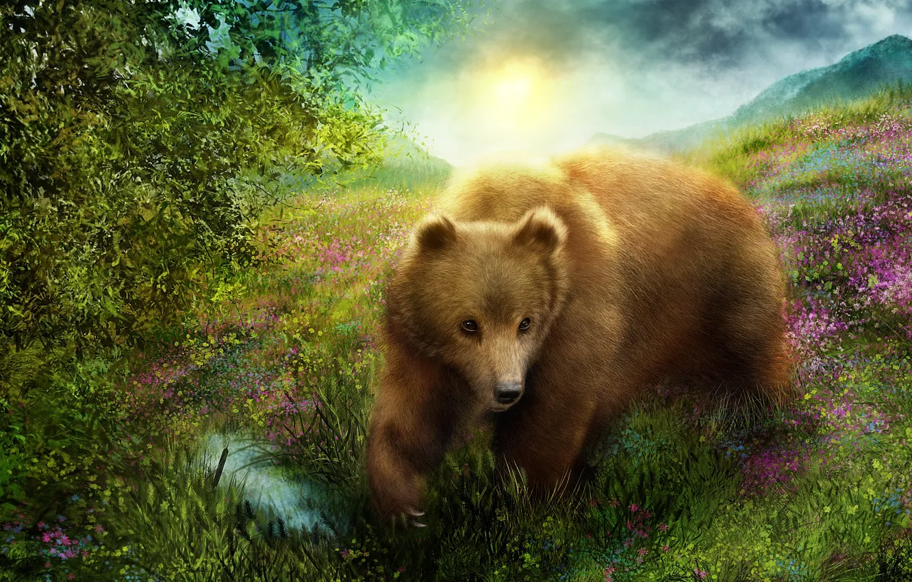 Photo wallpaper grass, nature, rendering, bear, bear