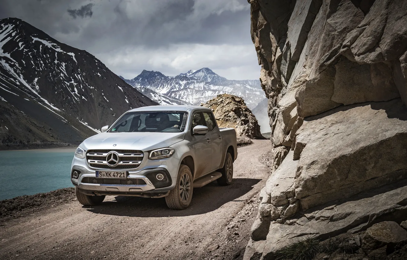 Photo wallpaper road, mountains, Mercedes-Benz, dust, pickup, 2017, X-Class