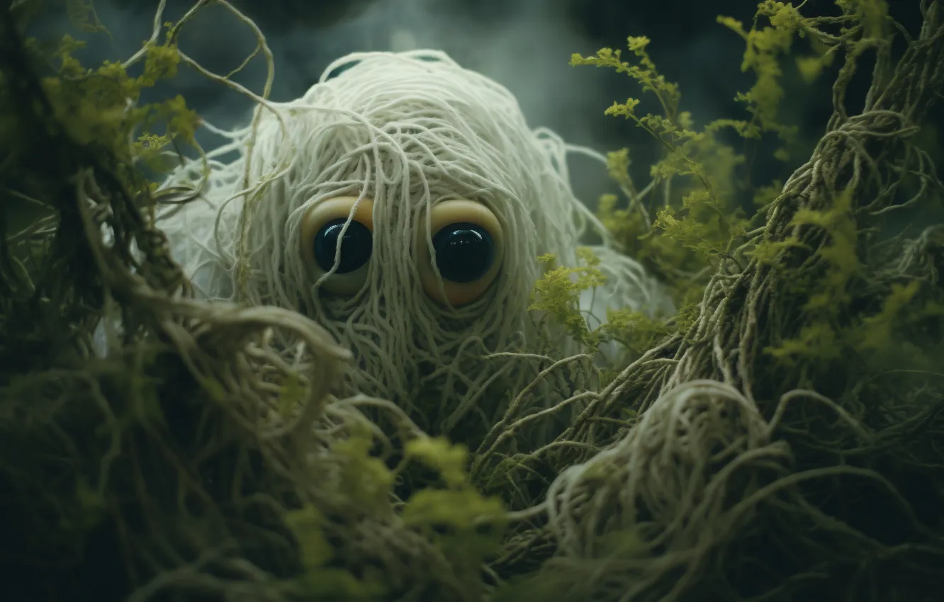 Photo wallpaper grass, eyes, look, monster, digital art, Supernatural Beings, AI art, The Art of Artificial Intelligence
