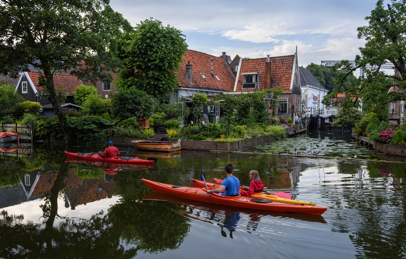 Photo wallpaper trees, boat, home, channel, Netherlands, Canoeing, Edam
