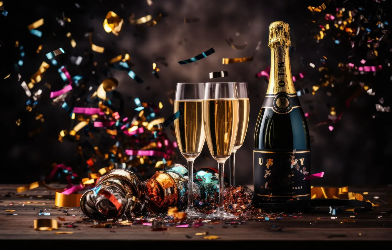 Photo wallpaper lights, table, holiday, wine, Shine, glass, bottle, new year