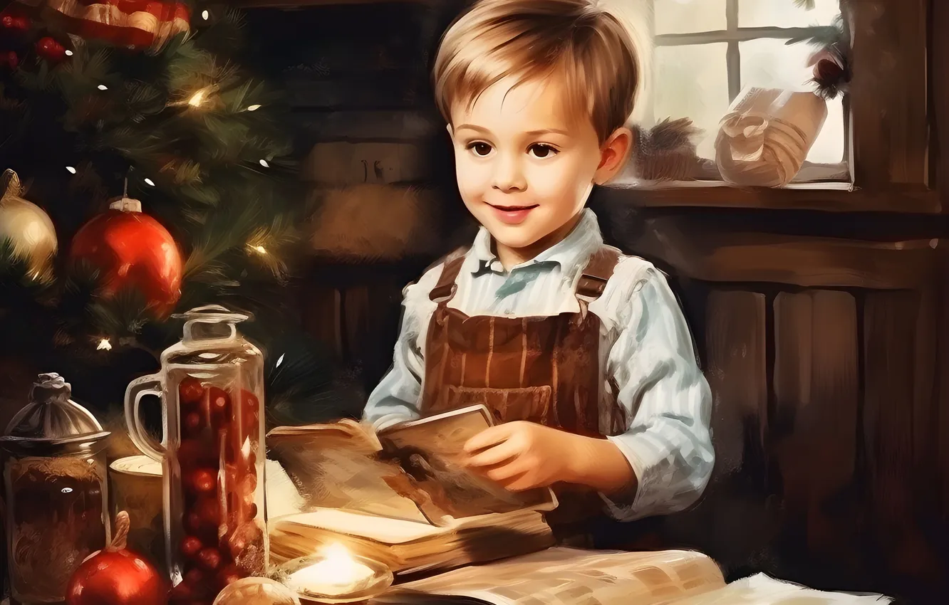 Photo wallpaper smile, new year, boy, Christmas, book, digital art, AI art, The Art of Artificial Intelligence