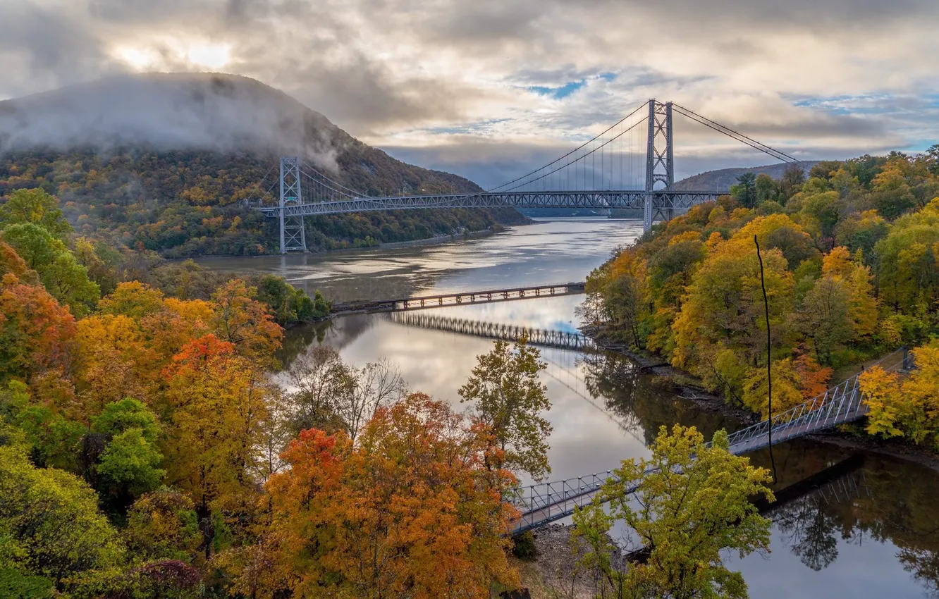 Photo wallpaper autumn, forest, bridge, river