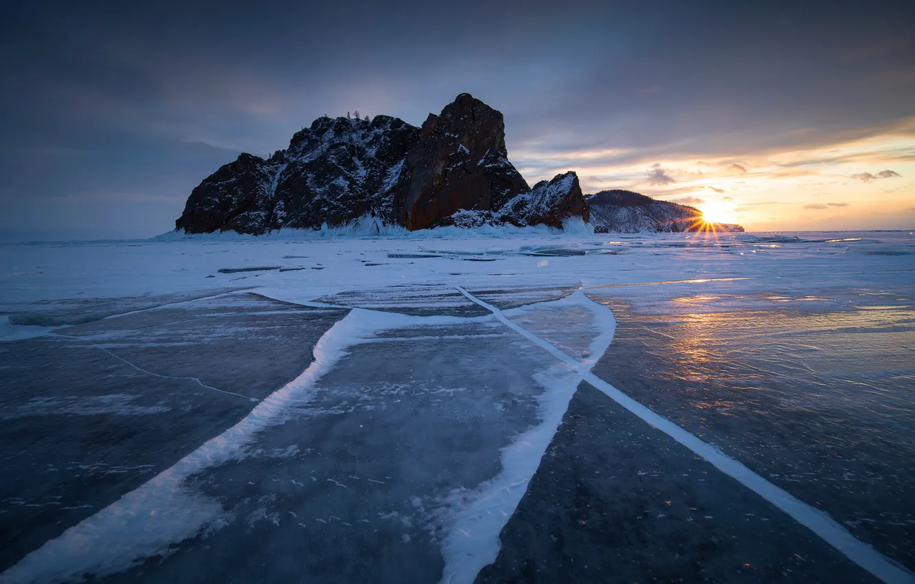 Photo wallpaper ice, winter, sunset, rocks, Russia, Lake Baikal, frozen lake