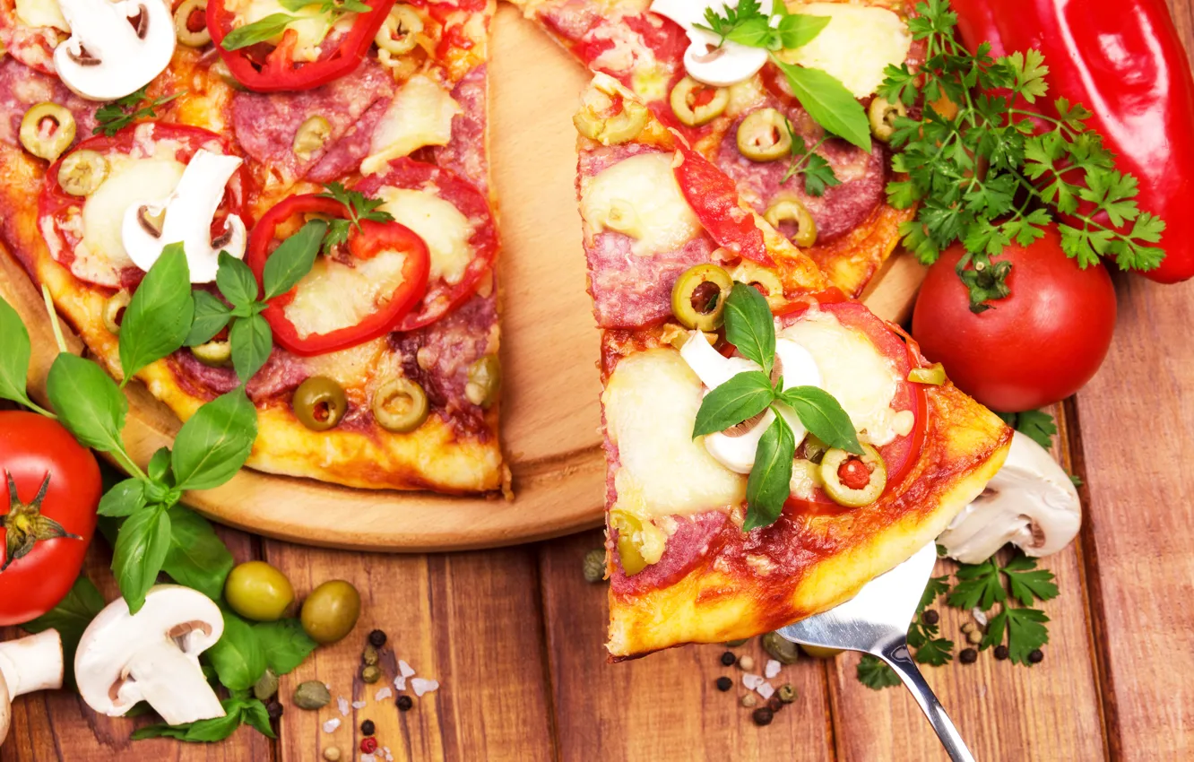 Photo wallpaper mushrooms, cheese, pepper, pizza, tomato, olives, sausage, pizza
