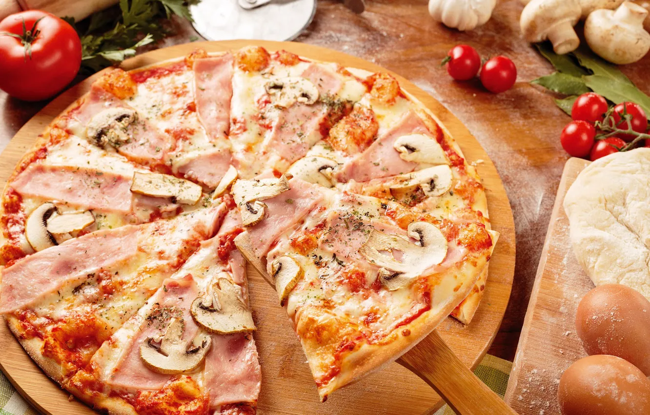 Photo wallpaper mushrooms, cheese, pizza, tomato, ham