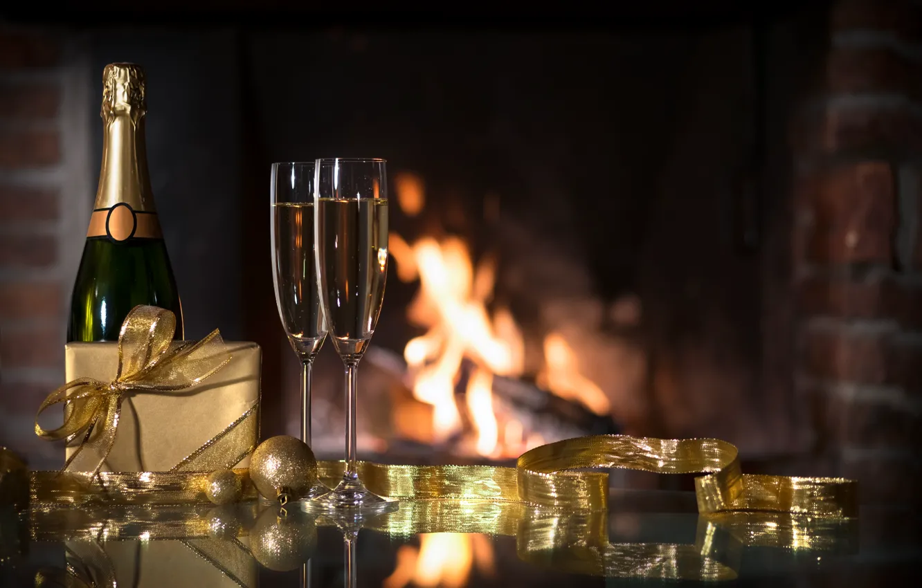 Photo wallpaper holiday, gift, toy, glass, bottle, new year, champagne