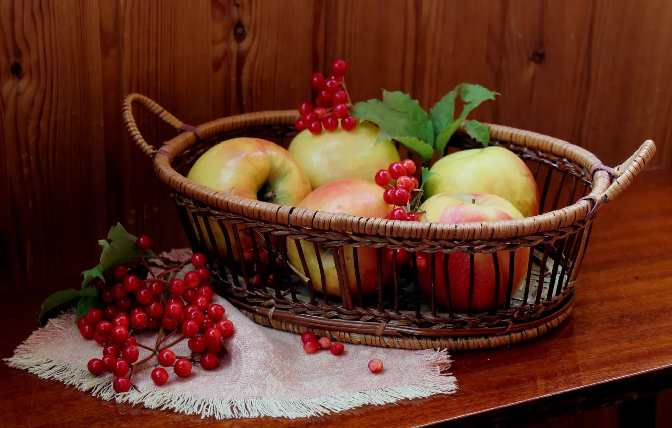 Photo wallpaper leaves, table, basket, apples, berry, Rowan, napkin