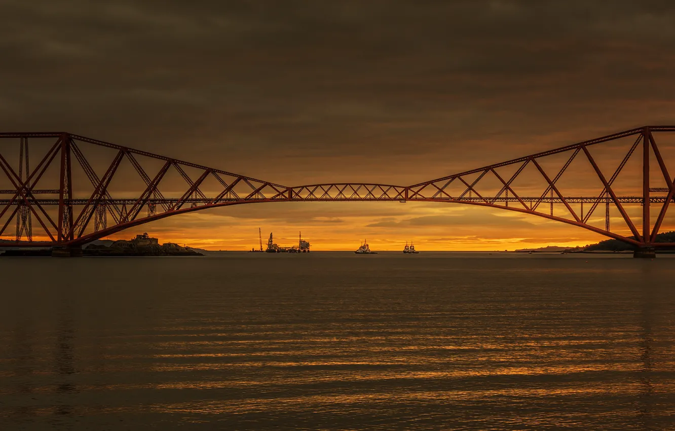 Photo wallpaper Sunrise, Scotland, United Kingdom, South Queensferry, Forth Rail Road Bridge