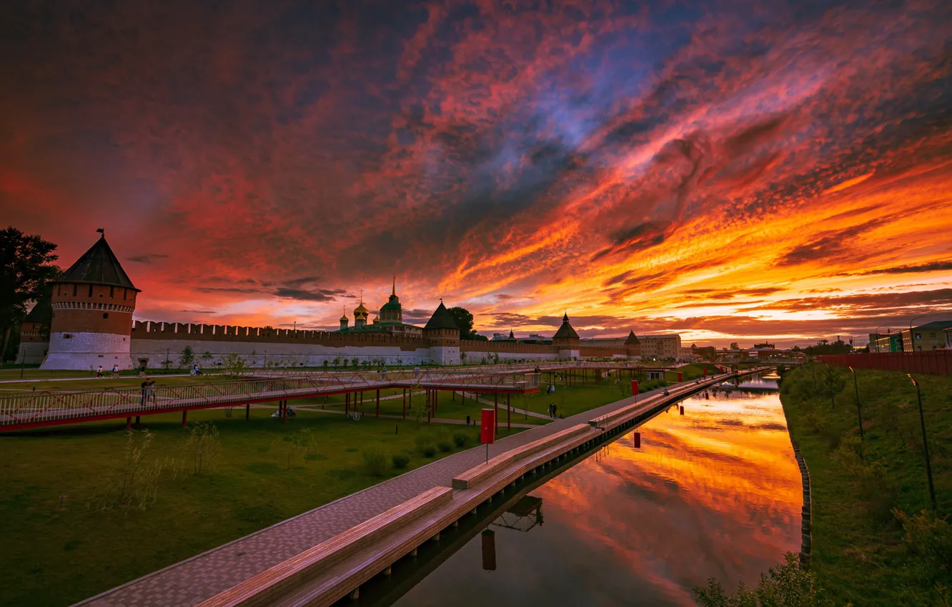 Photo wallpaper sunset, the city, wall, the evening, tower, The Kremlin, Tula, ox