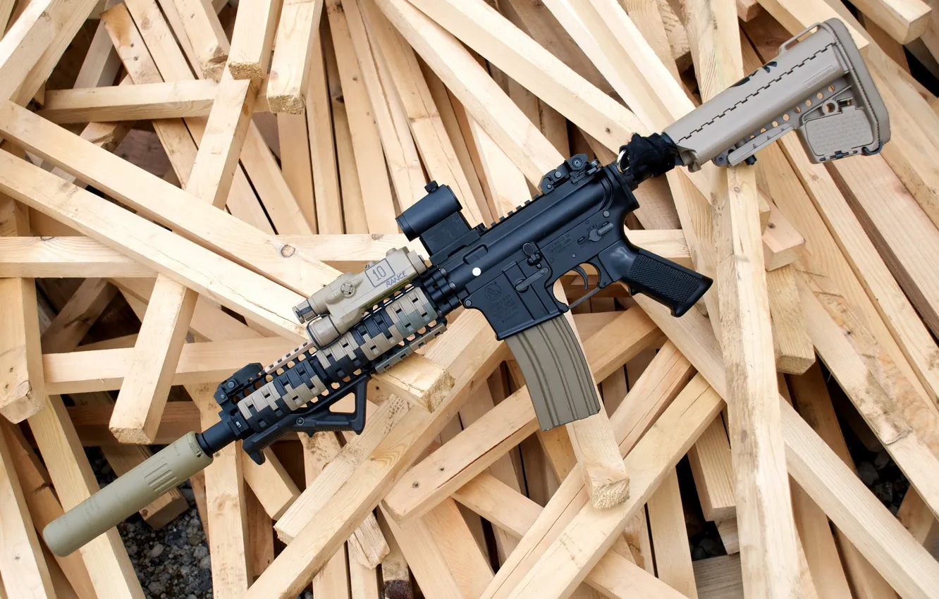 Photo wallpaper wood, accessories, assault rifle