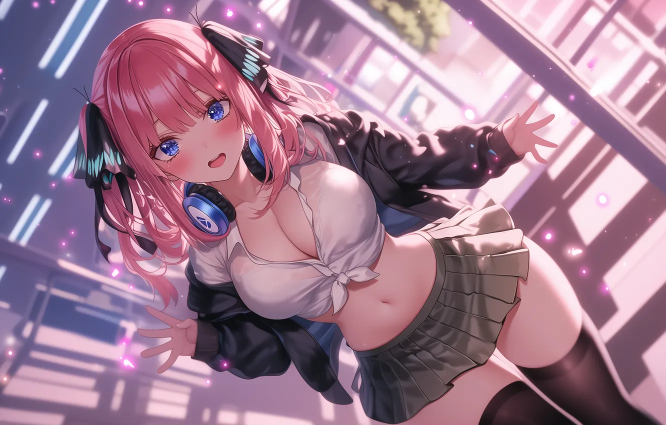 Photo wallpaper linen, anime, headphones, art, wallpaper, headphones, pink hair, The Quintessential Quintuplets
