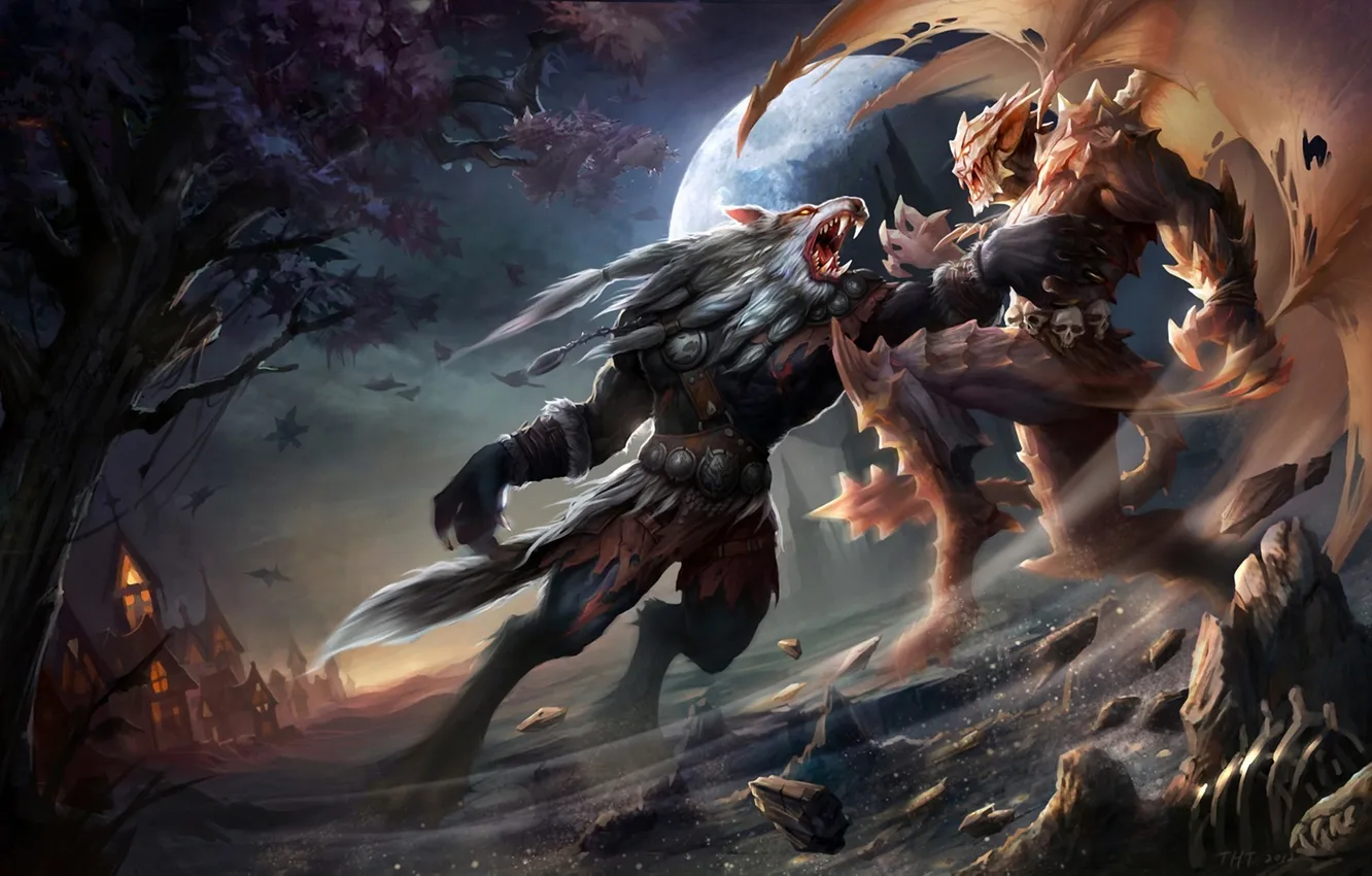 Photo wallpaper trees, night, the moon, wings, art, vampire, battle, werewolf