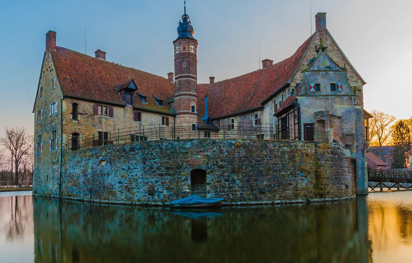 Photo wallpaper the sky, lake, pond, castle, tower