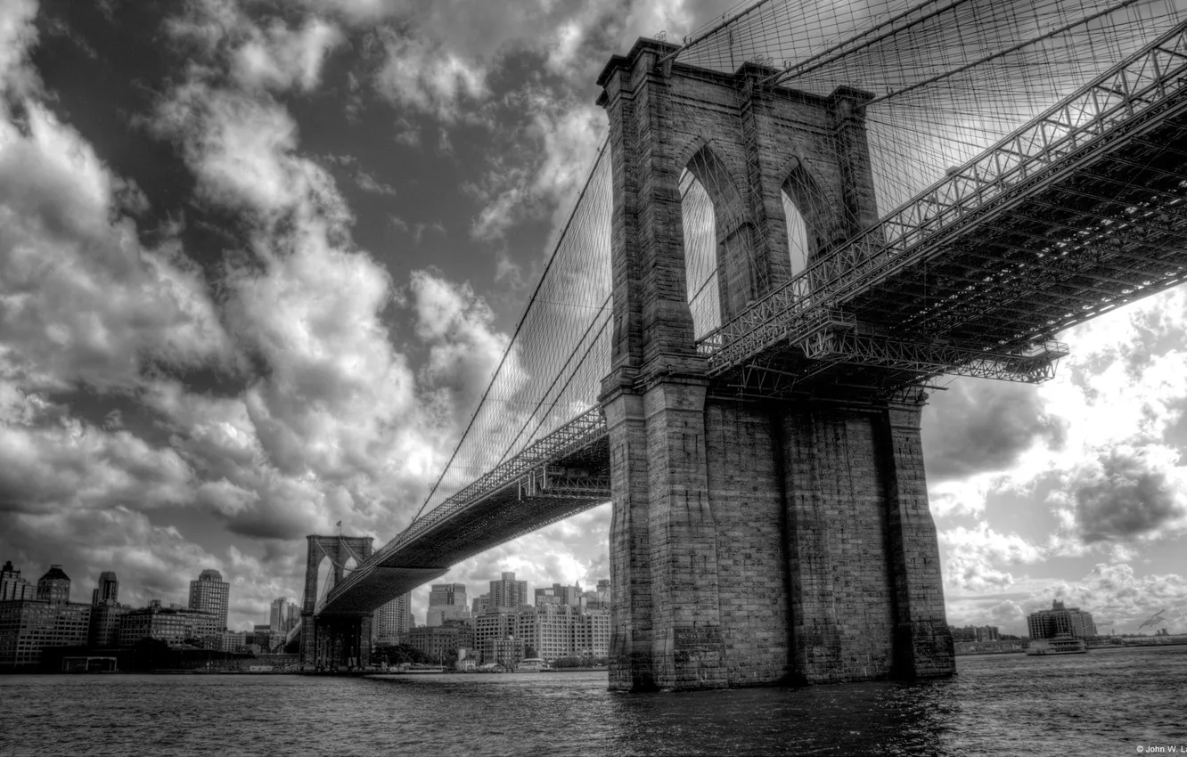 Photo wallpaper city, the city, river, New York, Brooklyn bridge, river, New York, Brooklyn Bridge