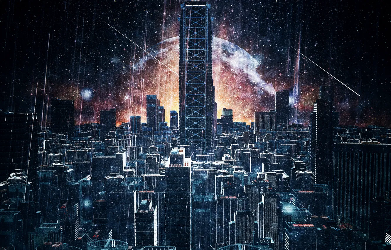 Photo wallpaper night, the city, fiction, meteor shower, by K&P