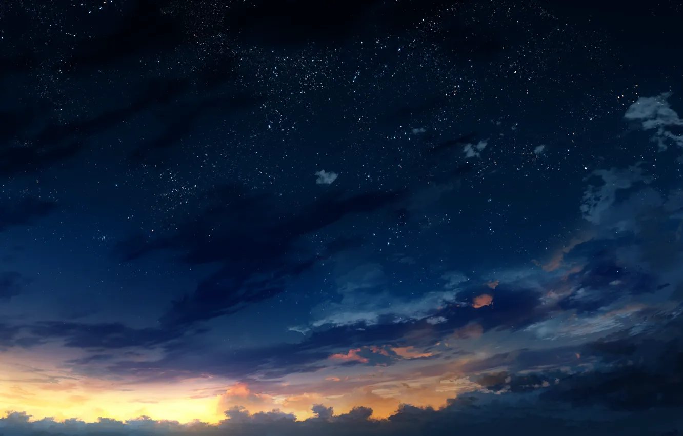 Photo wallpaper the sky, stars, trees, sunset