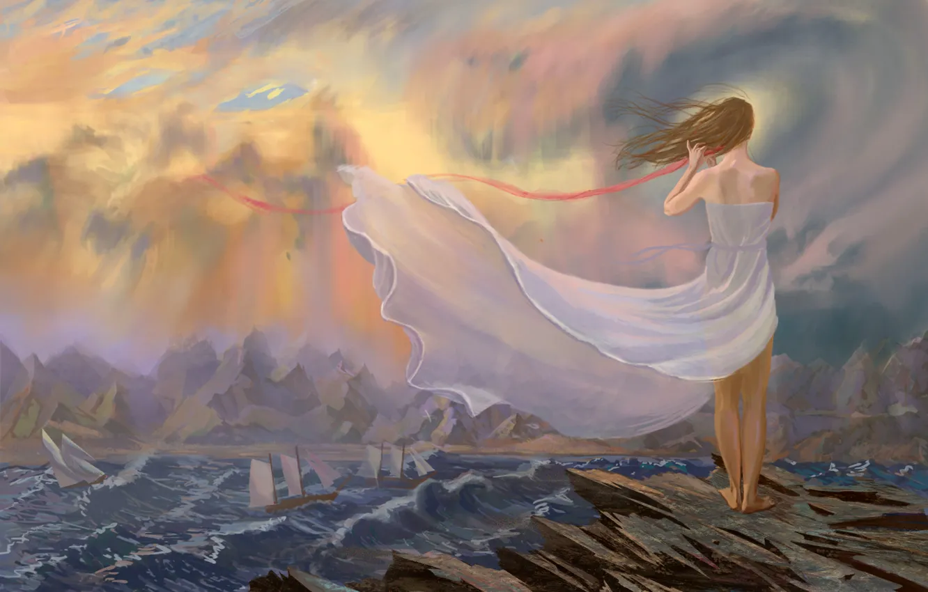 Photo wallpaper sea, girl, mountains, the wind, ships, dress, tape, waiting