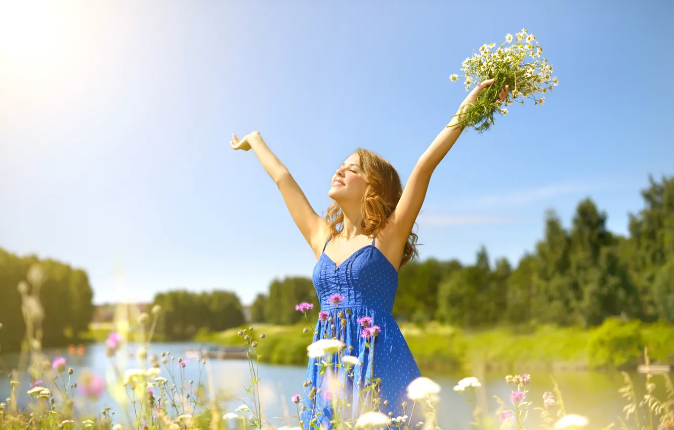 Photo wallpaper greens, summer, the sky, grass, girl, the sun, trees, joy