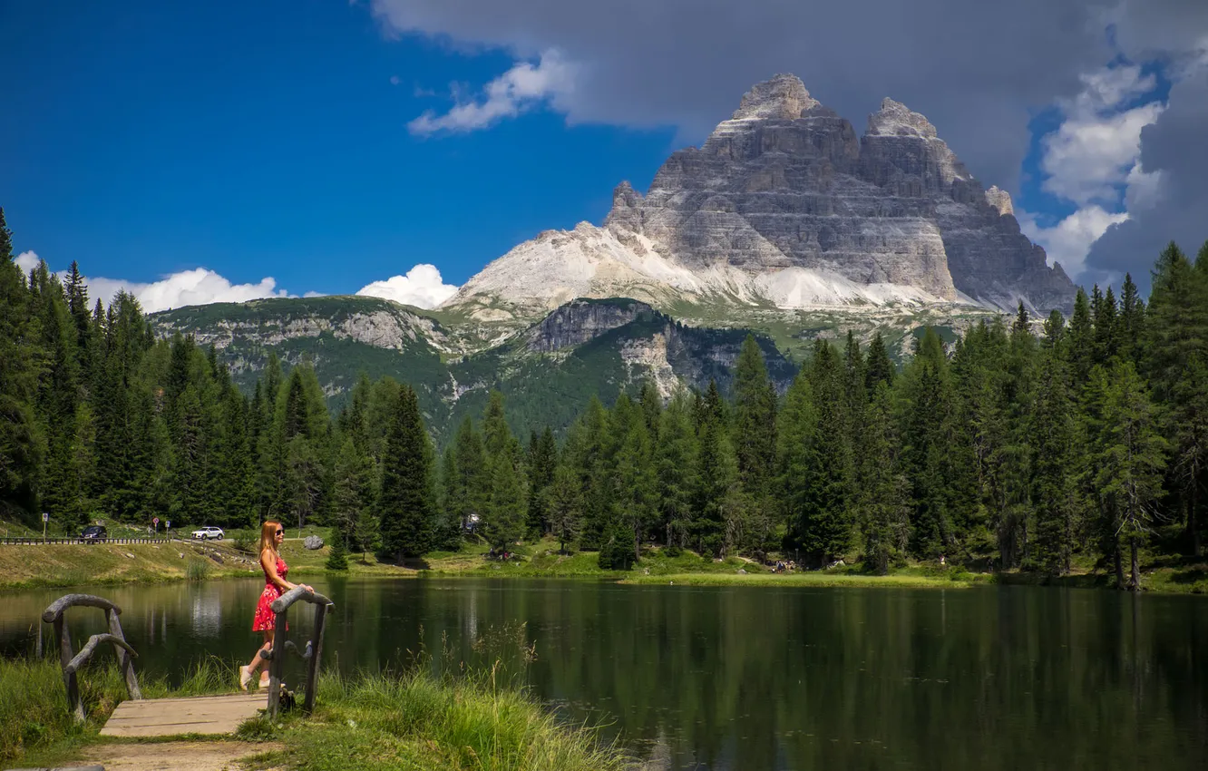 Photo wallpaper forest, summer, girl, clouds, light, mountains, lake, reflection