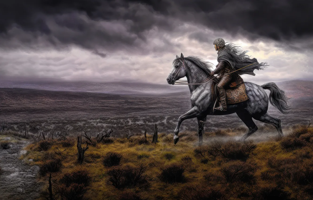 Photo wallpaper field, horse, horse, rider, AI art, The Art of Artificial Intelligence, neural network