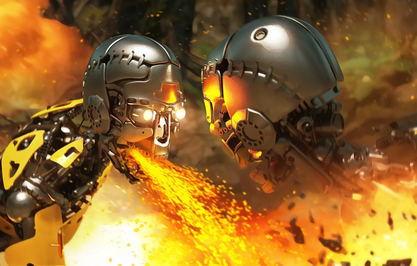 Photo wallpaper fire, robot, sparks, Android, Jungle Was